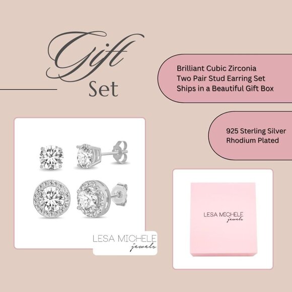 Silver Rhodium Plated Cubic Zirconia Stud Earrings for Women, 2-Pair Set, Elegan - Picture 3 of 5